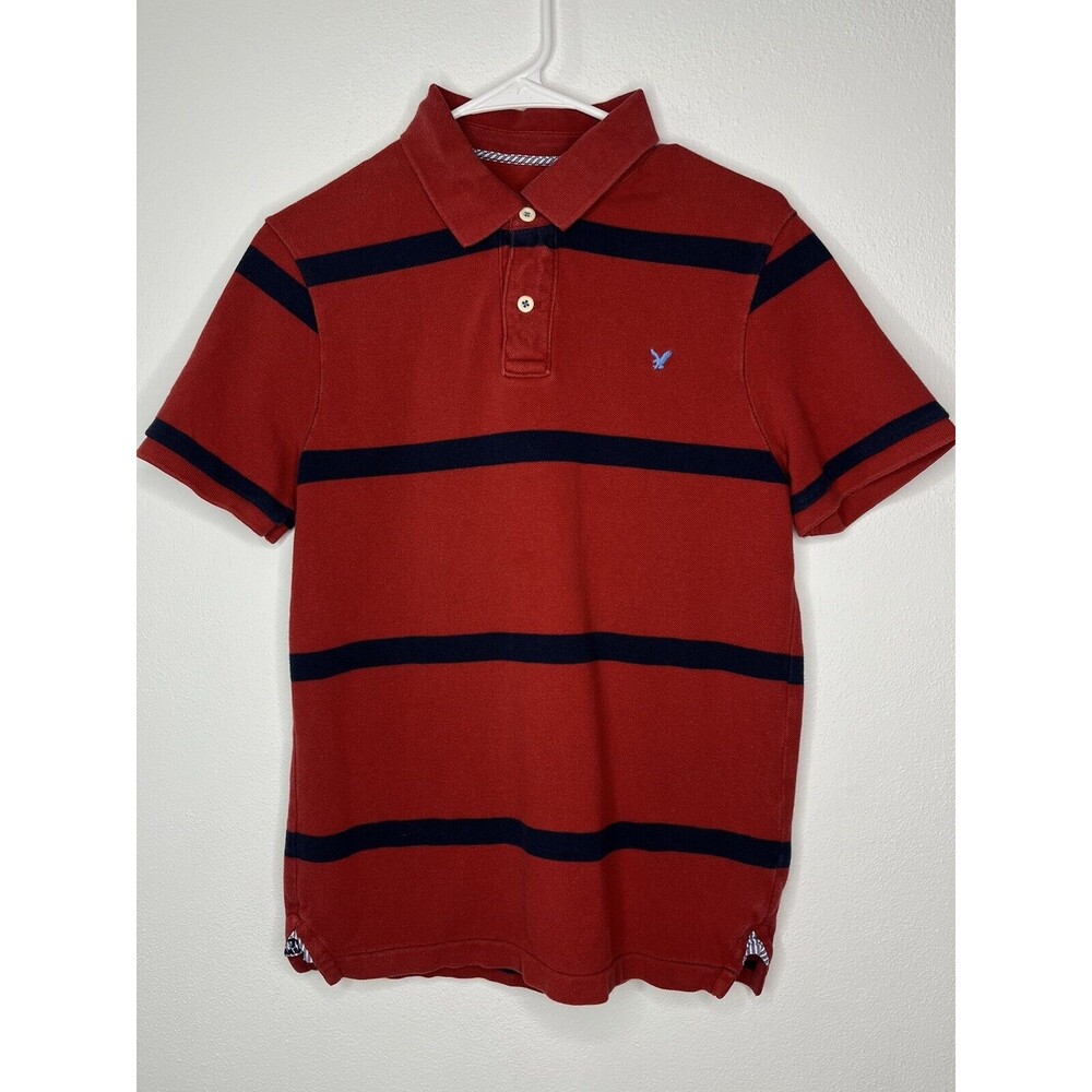 American Eagle Polo Shirt Men's Medium Vintage Fit Red & Navy Striped Preppy